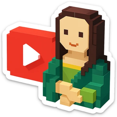 voxel-style Mona Lisa with a large YouTube play button in the background, isometric view sticker