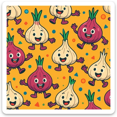 animated onion and garlic characters, seamless background, playful, vibrant colors sticker