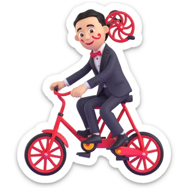 Saw puppet, 3D emoji style, glossy finish, red spirals on cheeks, black suit, red bow tie, tricycle sticker