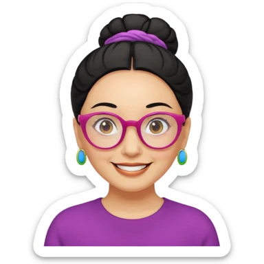 light skin middle aged with low bun in one black hair with multi colored glasses sticker