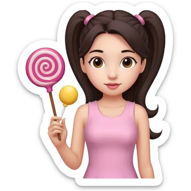 Girl with long dark ponytails wearing light pink bodycon dress holding a lollipop sticker