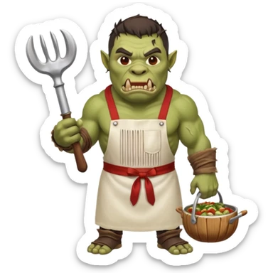 orc make Apron with "Kiss the Cook" (scratched out, replaced with "Fear the Cook"), giant rib bone as a weapon. sticker