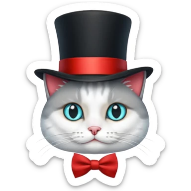  Kater in grau weiß, mit schwarzem Zylinder, der eine rote Banderole auf dem Kopf hat, der etwas schräg ist, so dass nur ein Ohr zu sehen ist. Der Kater schaut gerade nach vorne und am Hals hat er eine kleine, rote Schleife. Die Augen sind türkisfarben am funkeln mit kleinen, weißen Lichtreflexen. sticker