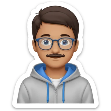 A boy with dark brown hair slightly tanned skin glasses blue eyes nice smile and a little moustache in a grey hoodie sticker