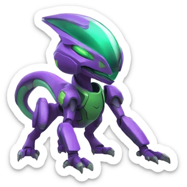 a purple-green Genesect-Raptor-Fakémon—hybrid with a futuristic visor-helmet full body sticker