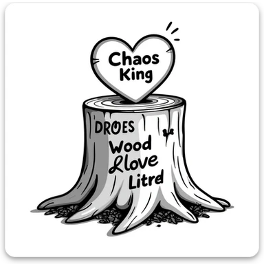 stylized heart carved into a tree stump, with 'Chaos King' and 'Chaos Queen' etched in a dramatic, energetic style, wood shavings around, hand drawn doodle style sticker