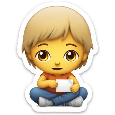 Design an emoji of a sad young child sitting on the ground, holding a sign that says "Help." The child should have basic features, with a vulnerable expression and a simple, relatable look. sticker