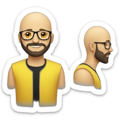 A bald man wearing yellow transparent fashionable glasses, a man with black beard sticker