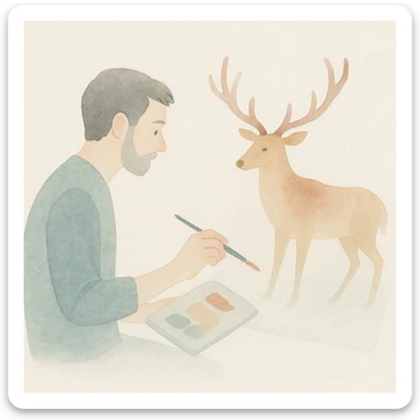 a man painting an elk, different artistic style, soft watercolor textures, gentle and fluid sticker