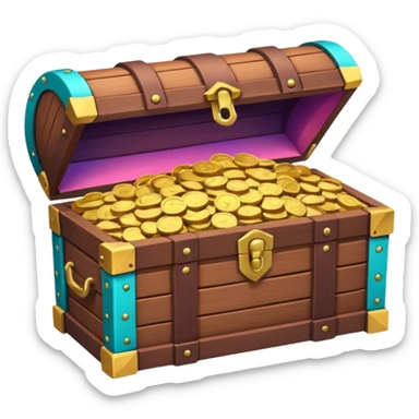 wooden brown treasure chest filled with coins pack in gradient of turquoise, blue, pink, purple, and coral sticker