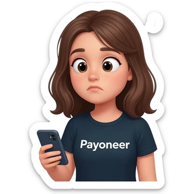 Girl looking at her phone with wondering face and a question mark wearing dark tshirt with payoneer written on it not a logo, just a word in the same font as on logo sticker