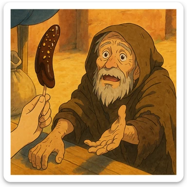 ghibli style illustration of a beggar reaching for a chocobanana, warm and expressive sticker
