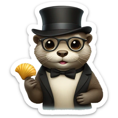 Cute Otter with glasses and top hat holding scallop shell sticker