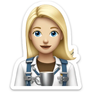 Blond girl with blue eyes  drinking coffee wearing a harness and steel toe boots sticker