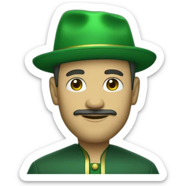man with green hair green suit and large green top with gold strip hat goatee sticker