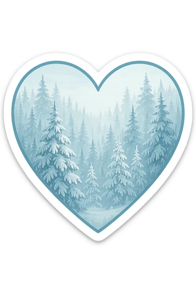 heart with a frosty pine forest, clean digital illustration sticker
