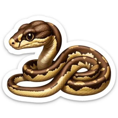 A photo-realistic digital illustration of a Ball Python, chest upward, with a short, rounded head, thick body, and a calm, curious expression. It has a warm brown base color with irregular dark blotches shaped like “alien heads,” and matte-textured scales that emphasize its small, stocky form. sticker