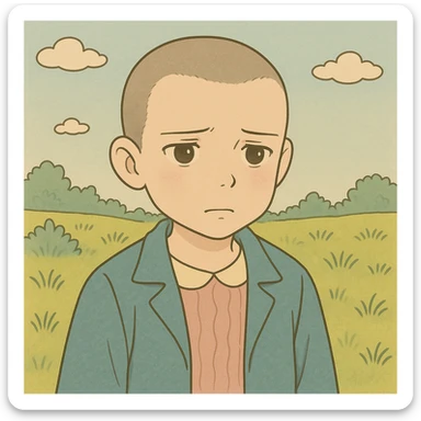 Variation of Eleven with shaved hair, serious expression, simple and delicate line art as in the reference drawing, colored in pastel tones, thick and dark contours, Ghibli style, 1:1 format, expression sad. sticker