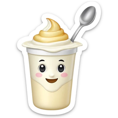 A 3D cartoon yogurt cup with a spoon, creamy white top. sticker