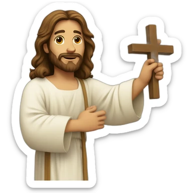 Jesus with his hand up holding a cross sticker