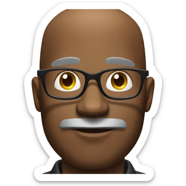 black business man with glasses, shadow bald hair.. small gray five o'clock shadow. round h sticker