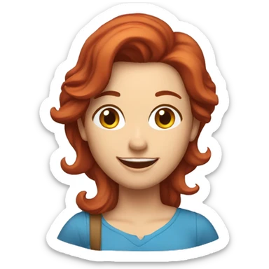 I want an emoji of a brunette woman with red hair and a hairpiece and a map in her hand and a blue shirt and a happy look and smile sticker