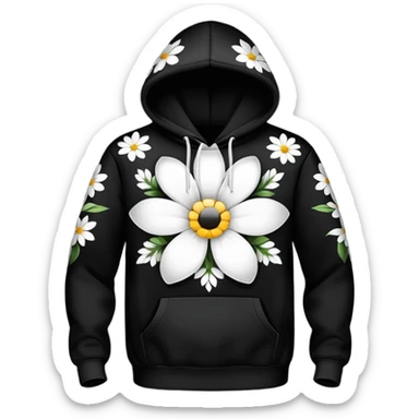 The BLACK Hoodie features a black base with scattered black and white flowers. Each flower has a white outer ring with a hollow center, creating a unique open design that contrasts sharply against the dark background. sticker