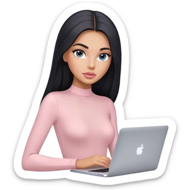 Glamours, tanned, very beautiful girl, with big pump peach-beige-rose lips, long lashes, black straight smooth silky long hair, straight parting hair, blue-grey eyes, in light-pink bodysuit holding MacBook sticker