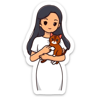 beautiful girl with long black hair wearing a white dress holding an Abyssinian cat with reddish-brown fur in her arms sticker