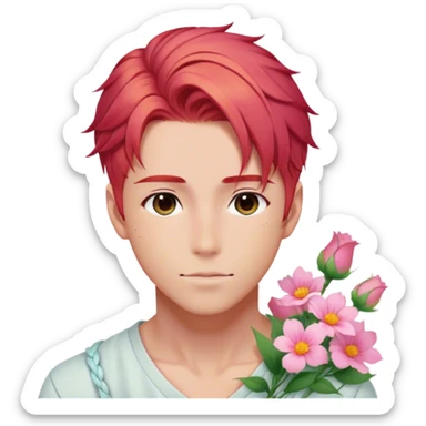 Gorgeous pastel red hair with a thin braid on the side anime style handsome sexy gojo guy with blushing face and flowers aesthetic trending style outside sticker