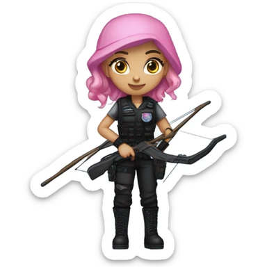 white girl, tactical vest, dark pants, pink hair, blue eyes, black beanie hat with crescent moon and stars on front, bow and arrow, black combat boots sticker