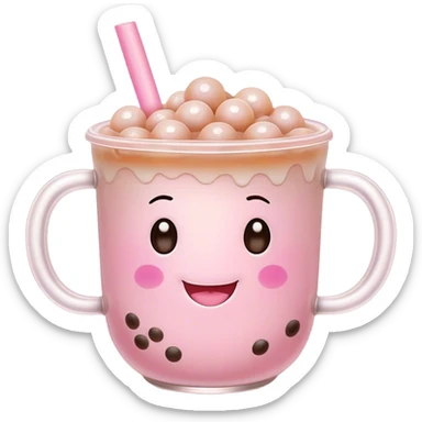 Cute Kawaii Boba Tea Cup, with a happy smiling face, chubby round shape, pastel pink and brown colors, soft glowing highlights, adorable tapioca pearls floating inside, sparkling eyes full of joy! sticker