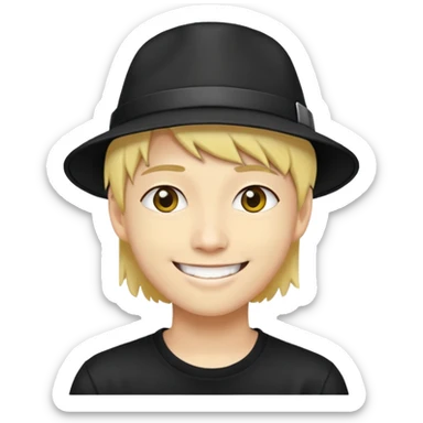 nam 20 tuổi, da vàng, tóc ngắn màu vàng, đội mũ màu đen, mặt cười tươi, thành viên ban nhạc rock sticker