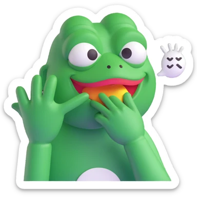 Pepe the Frog in a 3D emoji style, holding his hand over his mouth as if trying not to laugh, with a speech bubble above or beside him that says 'bus garso'. Playful style similar to the reference image, but without the hat, cigar, drink, or bottle. Variant 1. sticker