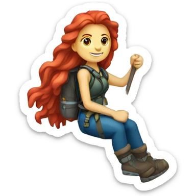 a red hair female mountaineer summitting ice peak with greek flag sticker