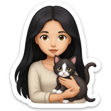 Beautiful girl with long black hair holding a cute kitten in her arms sticker