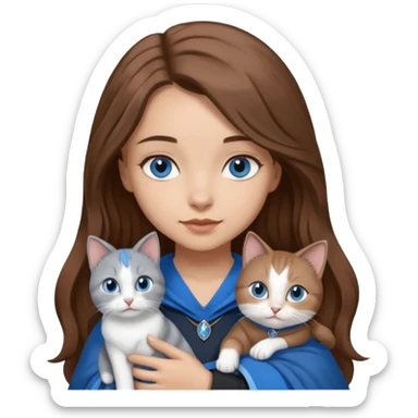 gorgeous Girl with light skin, blue eyes, long brown hair, wears a ravenclaw outfit, with a grey and white cat holding in her arms sticker