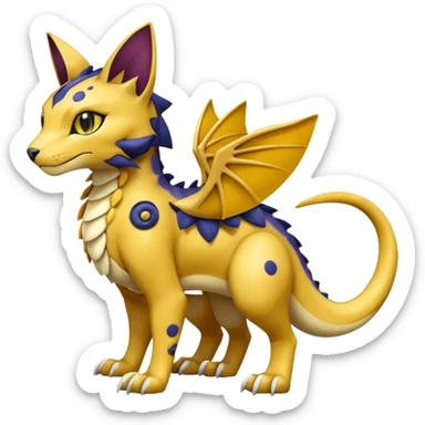 Golden-mustard-beige-yellow-gradients-colored, with black rosette-splotches, scaley Bastet-Liepard-Noibat-Gatomon-Garchomp-Digimon-Fakémon-Pokémon-creature (full body) sticker