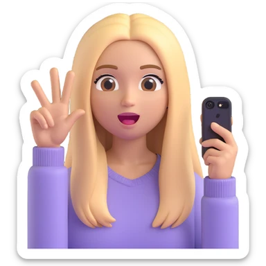 3D emoji style character with long straight blonde hair, light skin, surprised expression, wearing a light sweater, selfie pose sticker