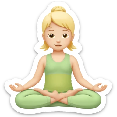 Flat illustration emoji of a small child practicing yoga, simple pose, calm and happy expression, soft pastel colors (yellow, green, soft orange), rounded shapes, minimal details, child-friendly, gentle and warm style, vector illustration, no background, cohesive style with kindergarten branding sticker