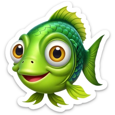 extremely goofy bright lime green fish with huge bulging eye and dopey smile, looking incredibly stupid and friendly, perfect flat side profile facing right, exactly 90 degrees, one eye visible sticker