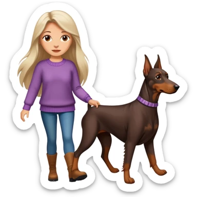 A beautiful long-haired white woman wearing a sweater walking a Doberman sticker