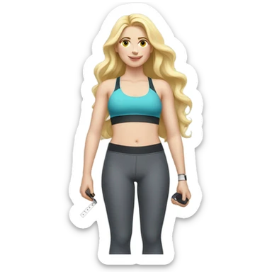 Woman, white skin, pale skin, long hair, blonde hair, wavy hair, standing, sports bra, leggings, tape measure around waste sticker