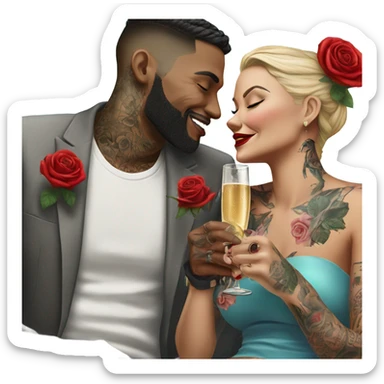 Hyper Realistic tattooed couple drinking champagne with red roses  sticker