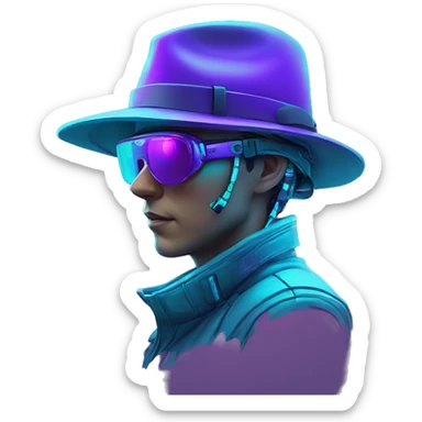 Secret human agent in a hat with  cyberpunk elements in VR googles scanning looking reviewing multicolor lines of code, cyan and purple colors, only upper body portrait sticker