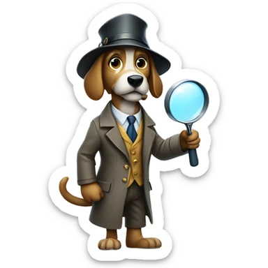 dog detective standing on two feets holding one magnifying glass with his paw sticker