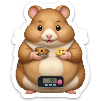 fat hamster holding pregnant belly smiling holding a tiny food scale sticker