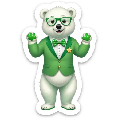full body friendly anthropomorphised polar bear smiling, wearing large multicolored star-shaped glasses, green bow tie, shamrock pin, festive green shirt, green trainers, St. Patrick's Day sticker