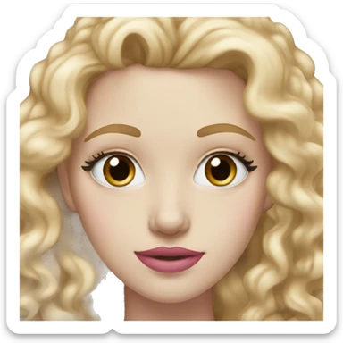 Pale white 25 year old woman with blue eyes, long blonde and curly hair, light brown eyebrows and pink lips sticker