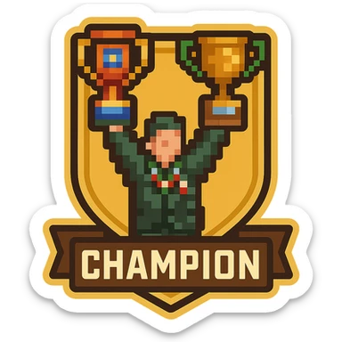 Transform this MVP pixel art with a trophy theme into a badge style while keeping the pixel art style and transparent background. Emphasize the badge look with clear edges and a defined shape suitable for a badge, incorporating trophy elements. sticker